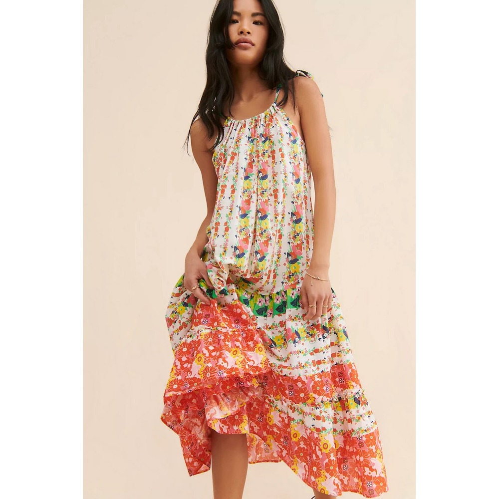 Anthropologie Floe Gertrude Midi Dress XS Floral Fruit Tiered Cotton Halter Boho